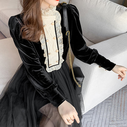 Gold Velvet Top, Stand-up Collar Stitching Velvet Bottoming Shirt With Wood Ear