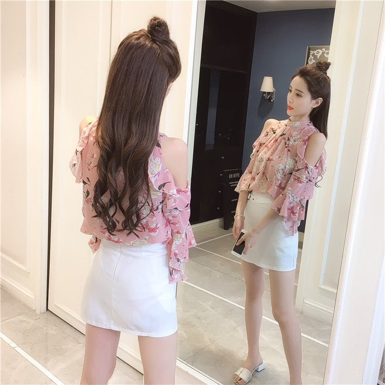 Loose Ruffle Stitching Stand Collar Floral Top Off-the-shoulder Chiffon Shirt