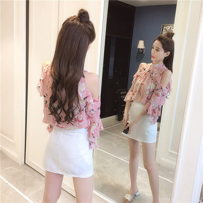 Loose Ruffle Stitching Stand Collar Floral Top Off-the-shoulder Chiffon Shirt