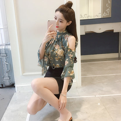 Loose Ruffle Stitching Stand Collar Floral Top Off-the-shoulder Chiffon Shirt