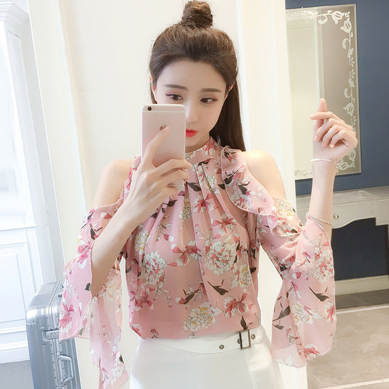 Loose Ruffle Stitching Stand Collar Floral Top Off-the-shoulder Chiffon Shirt