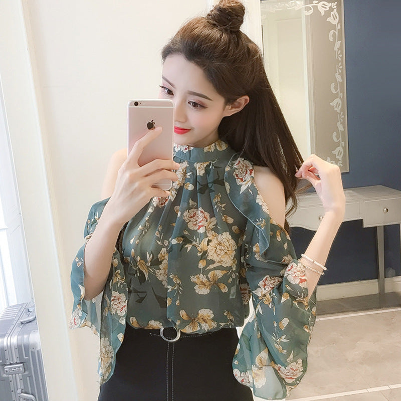 Loose Ruffle Stitching Stand Collar Floral Top Off-the-shoulder Chiffon Shirt