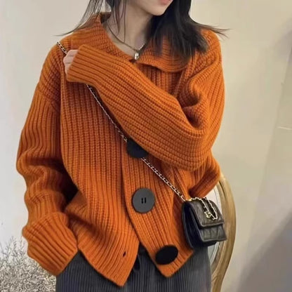 Long Sleeve Loose Korean Fashion Big Buckle Lapel Short Sweater