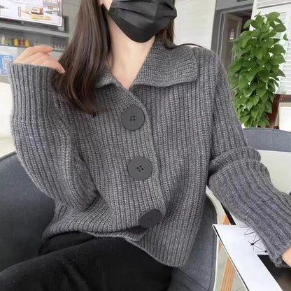 Long Sleeve Loose Korean Fashion Big Buckle Lapel Short Sweater