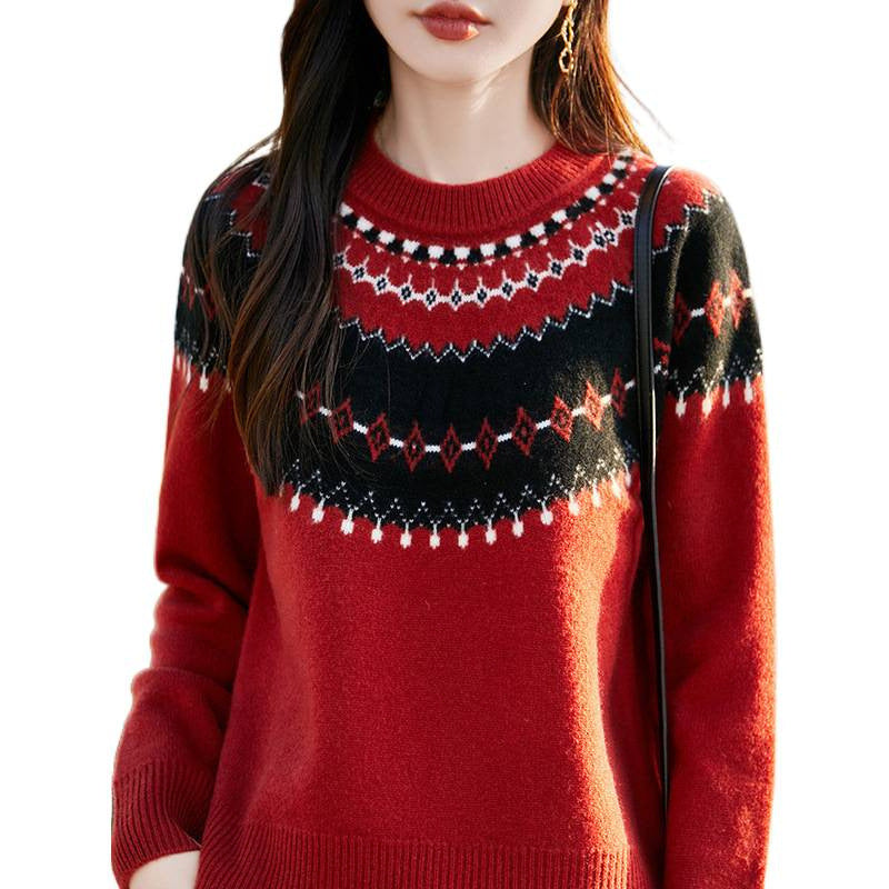 Jacquard Round Neck Multicolor Sweater For Women