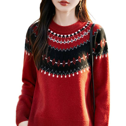 Jacquard Round Neck Multicolor Sweater For Women