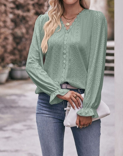 Ladies' Solid Color V-neck Lace Sleeves Fashionable Versatile Shirt