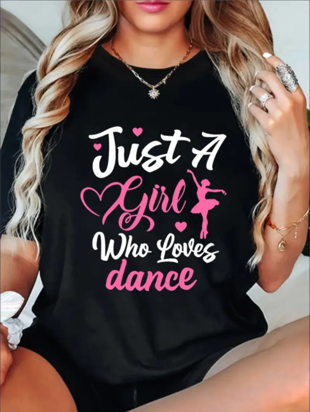 Girl Who Loves Dance Print Crew Neck  T-Shirt, Women Graphic T Shirts, Casual Short Sleeve T-Shirt For Spring & Summer, Women's Clothing