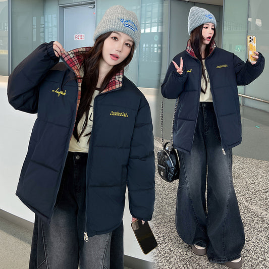 Cotton-padded Coat Stand Collar Plaid Stitching Thickened Coat