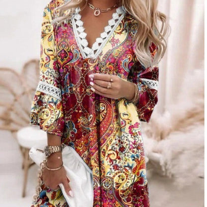 Spring Printed Lace Stitching Bohemian Casual Vacation Style Dress