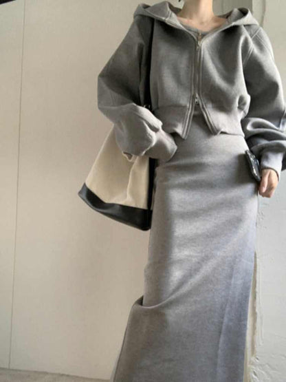 Fashion Retro Melange Gray Casual Women's Hooded Cardigan Coat