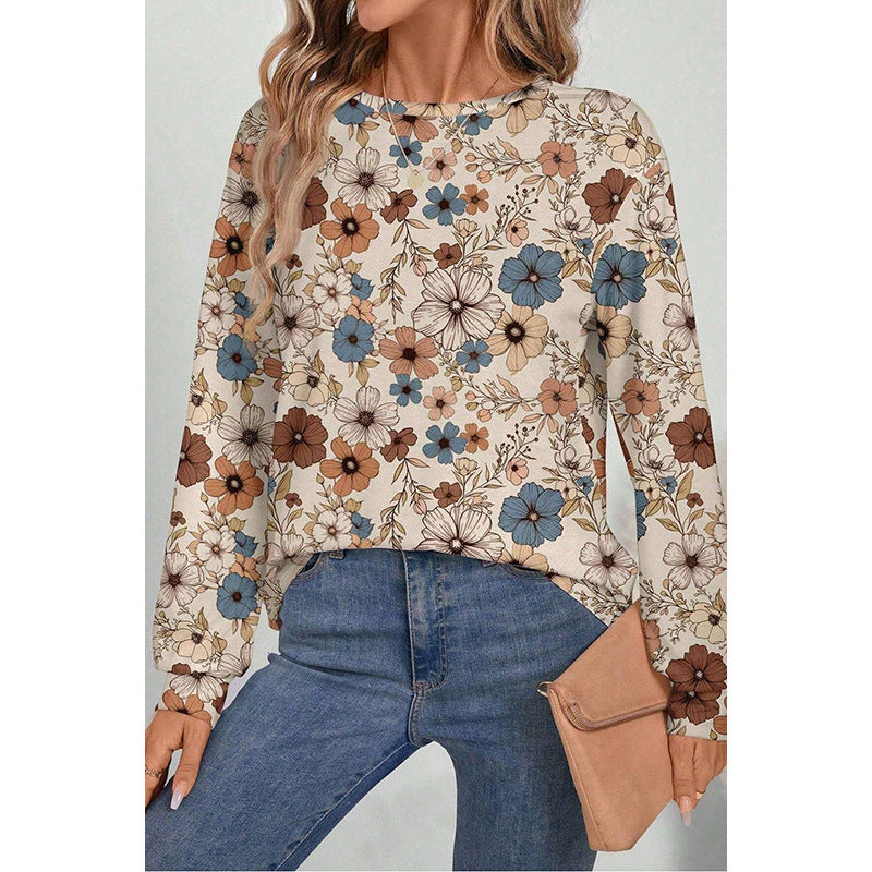 Women's Round Neck Pullover European And American Leisure All-match Floral Print Sweater