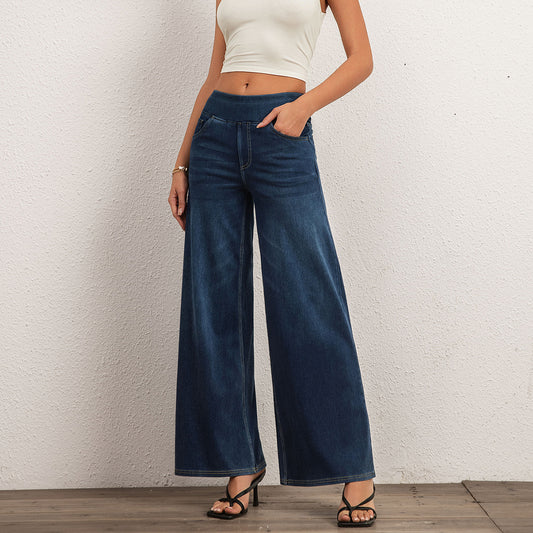 Shascullfites Mid Waist Wide Leg Jeans For Women Stretch Dark Blue Denim Casual Loose Fit Full Length Trousers With Pockets