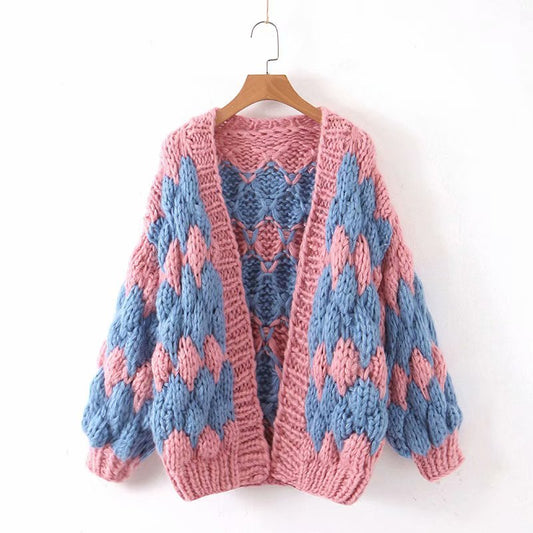 Contrast wave pattern hand-woven lantern sleeve cardigan