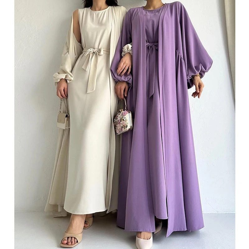 Women's Fashion Muslim Dress Lace-up Waist-controlled Baggy Coat Long