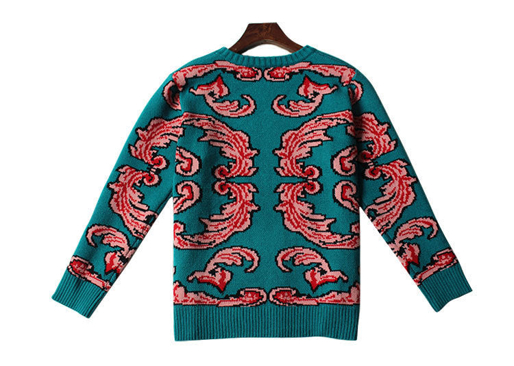 Vintage loose jacquard sweater round neck pullover UFO embroidery hair