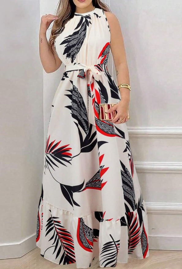 Women Plant Print Sleeveless Dress, Casual Vacation Style Maxi Women Outfit