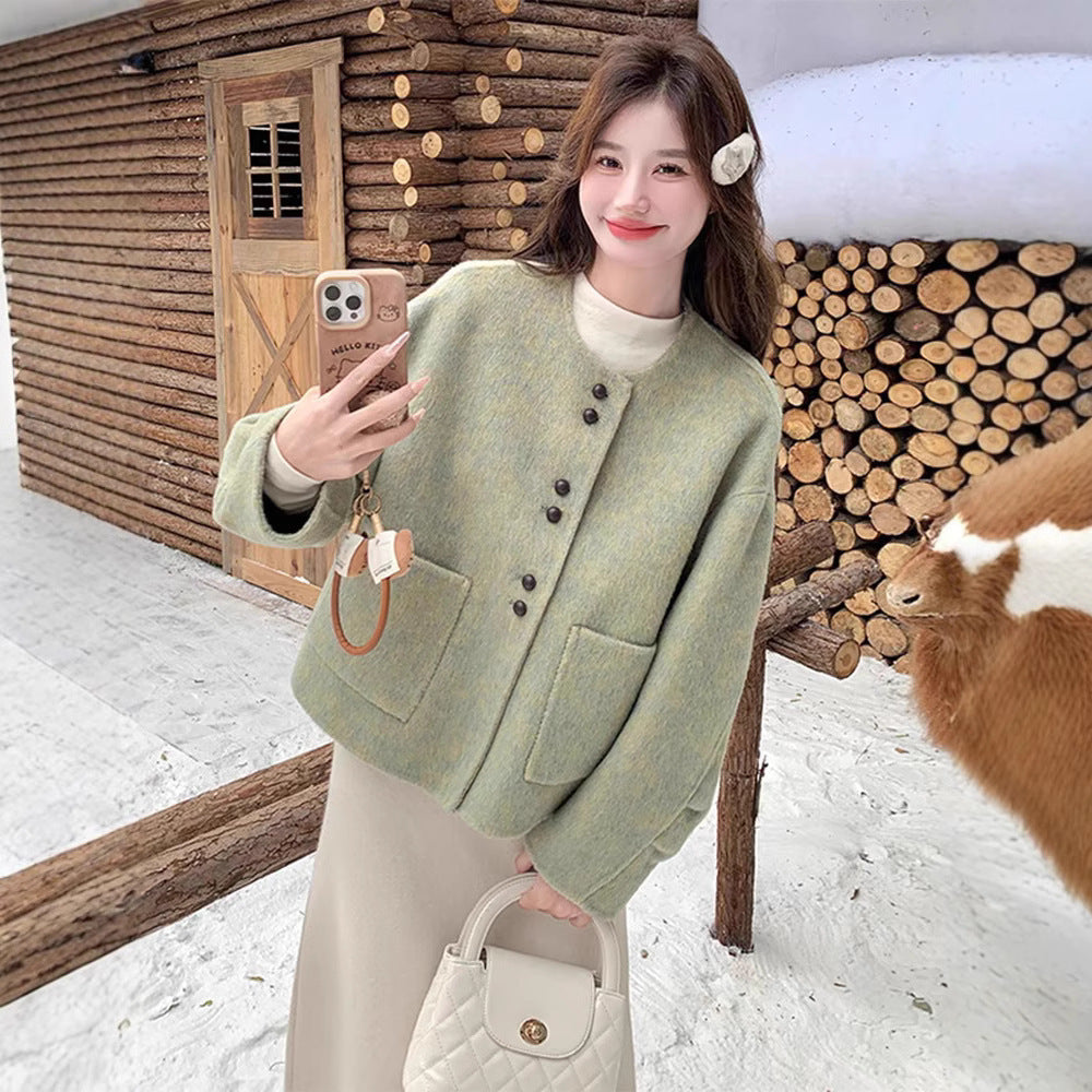 Korean Style Temperament Crew Neck Woolen Coat