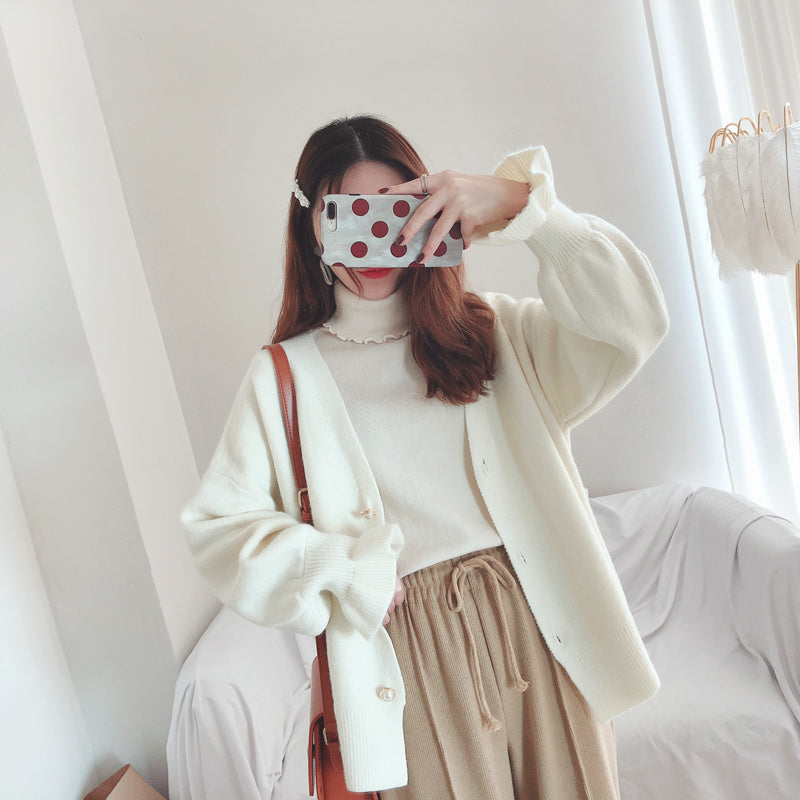 Sweet And Versatile Thickening Short Lotus Leaf Sleeve Knitted Sweater Cardigan Jacket