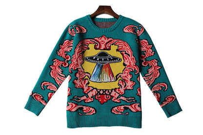 Vintage loose jacquard sweater round neck pullover UFO embroidery hair