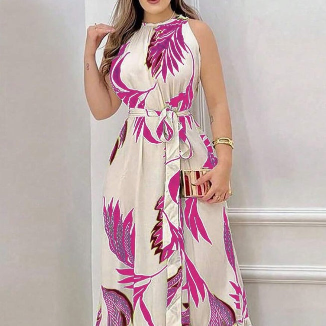 Women Plant Print Sleeveless Dress, Casual Vacation Style Maxi Women Outfit