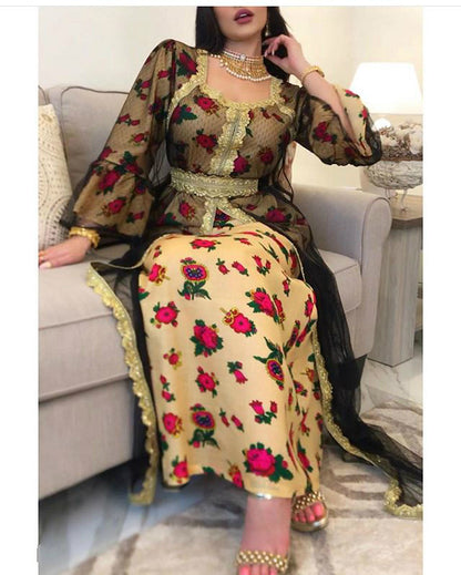 Middle Eastern Ethnic Style Printed Embroidery Lace Mesh Dress Dubai