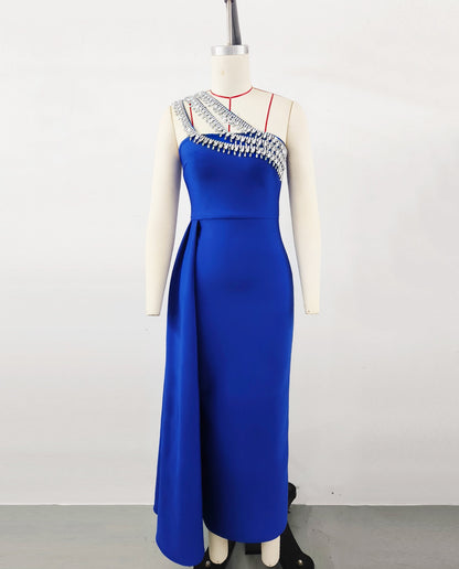 High-end Women's Slant-shoulder Diamond Evening Dress