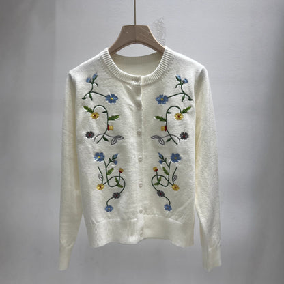Round Neck Long Sleeve Top Embroidered Plant Female