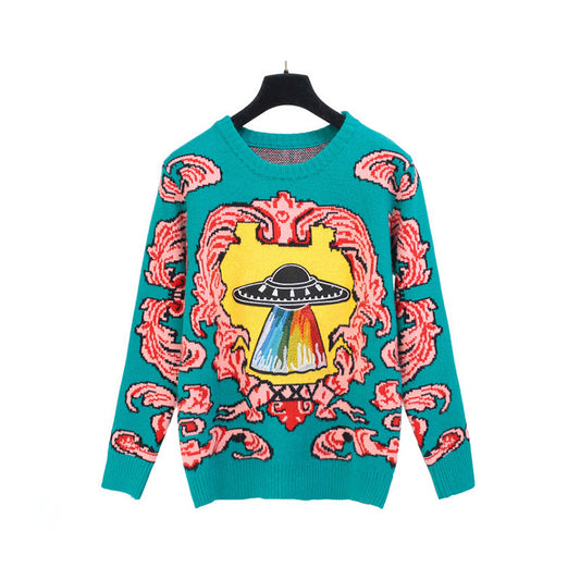 Vintage loose jacquard sweater round neck pullover UFO embroidery hair