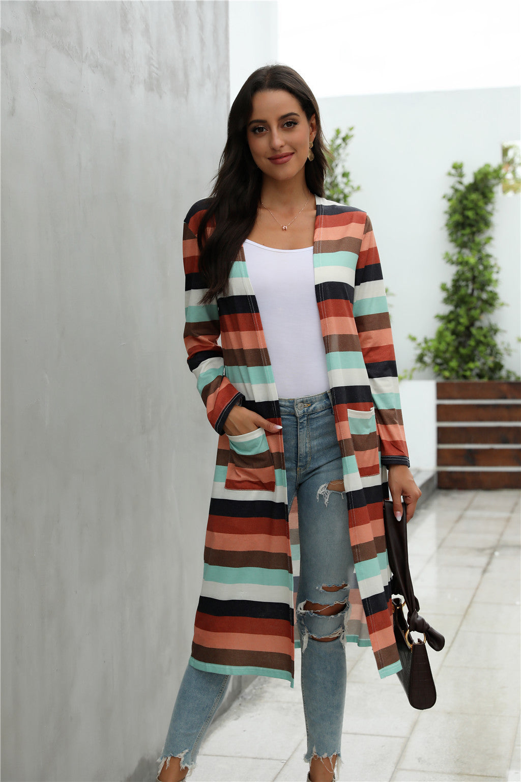 Striped Print Long-Sleeved Cardigan Jacket Women