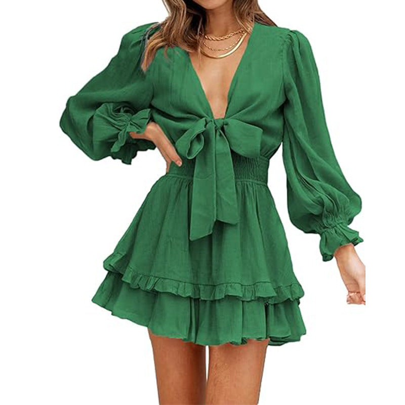 V-neck Ruffled Slimming Long Sleeves Short A- Line Dress