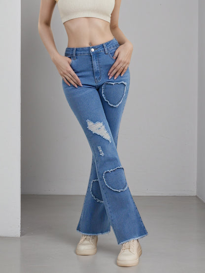 2025 New Women'S High-Stretch Flare Jeans With Heart Embroidery Patchwork - Trendy Distressed Denim Bell Bottoms, Comfortable & Versatile Light Blue Casual Pants,Fashion And Leisure
