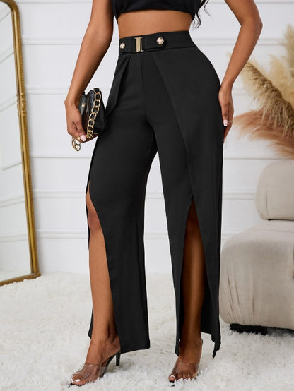 Ladies' Solid Color Belt, Loose Wide Leg Slit, Elegant Straight Leg Pants