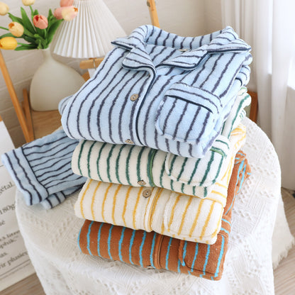 Striped Flannel Couple Lapel Pajamas Suit