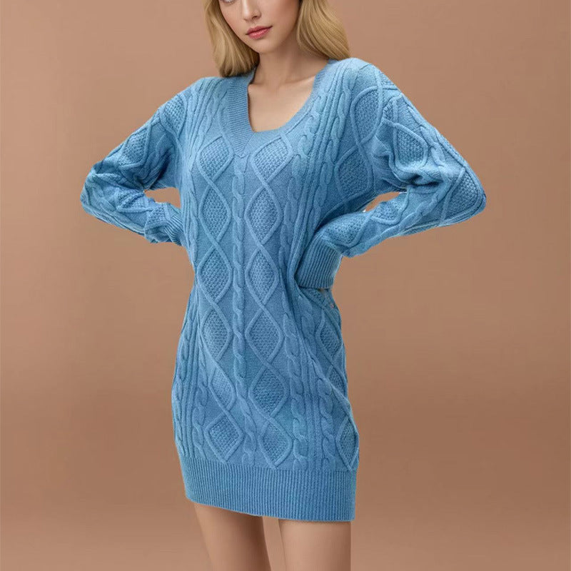 Mid-length Sweater V-neck Knitted Casual Twist Dress