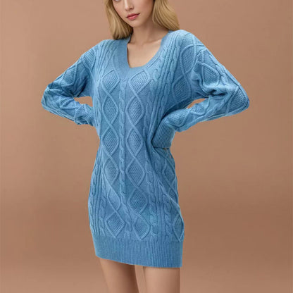 Mid-length Sweater V-neck Knitted Casual Twist Dress