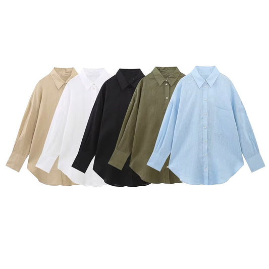 Women's Fashion Long Linen Sleeves Lapel Shirt