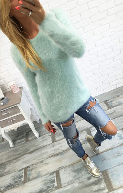 EBay fast selling explosion model, pure color long sleeved wool plush, loose body T-shirt ST1545