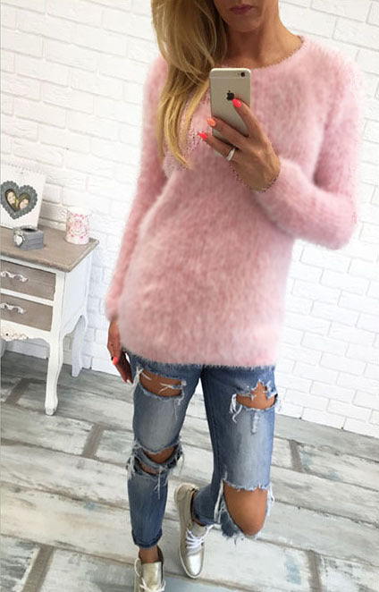 EBay fast selling explosion model, pure color long sleeved wool plush, loose body T-shirt ST1545