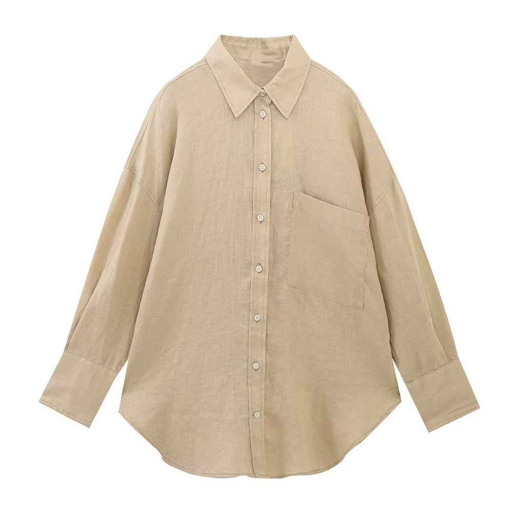 Women's Fashion Long Linen Sleeves Lapel Shirt