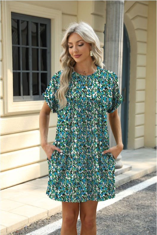 Loose Crew Neck Short Sleeve Printed Pocket Dress