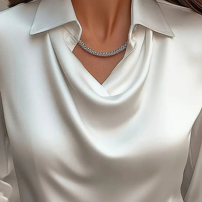 Women's Elegant Long Sleeve Blouse - Solid Color Lapel Top With Ruched Chest Detail Office & Casual Wear For Spring Fall
