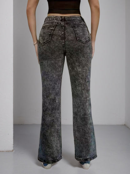 High Waisted Slightly Flared Jeans With Side Buckles, Classic Graphite Color, Comfortable Fit, Essential For Going Out.
