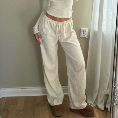 Women's Pure Color Elastic Waist Lace-up Linen Trousers