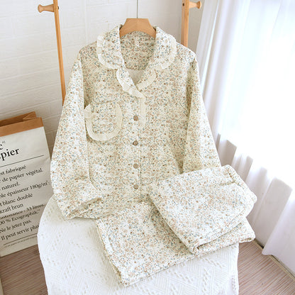 Air Layer Pastoral Floral Lace Lapel Pajamas Suit