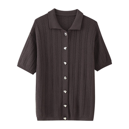 Fashion Texture Knitted Slim Straight Lapel Short Sleeve Trousers