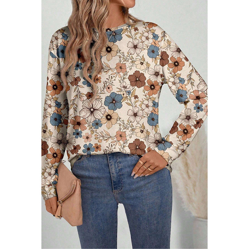 Women's Round Neck Pullover European And American Leisure All-match Floral Print Sweater