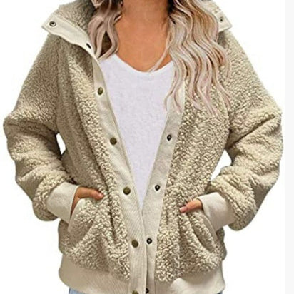 Cardigan Coat Thickened Fleece Pocket Pure Color Warm Keeping Coat For Women