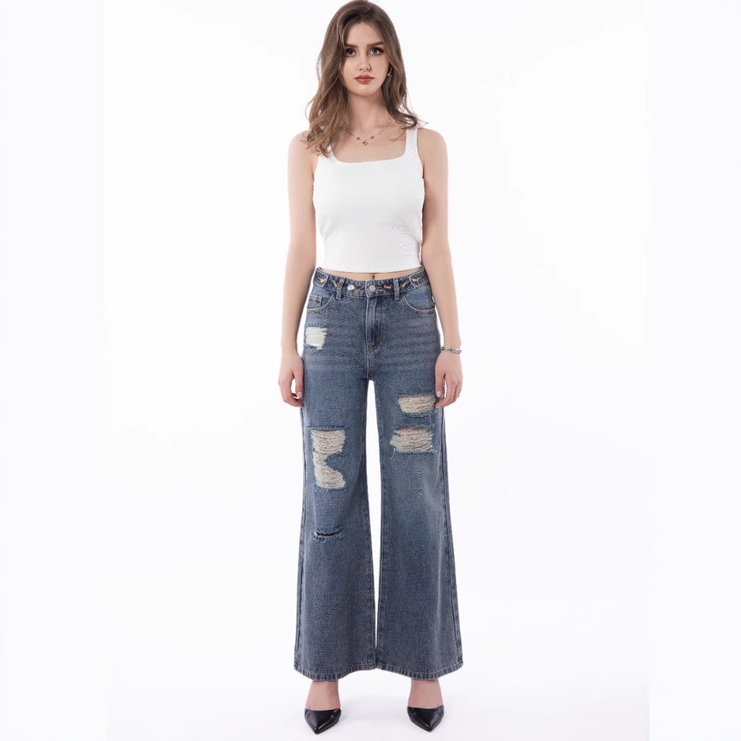 Women's Retro Large Size Worn Wide-leg Jeans