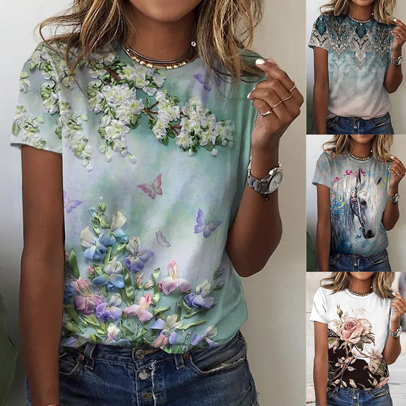 Printed Short Sleeve Round Neck T Shirt